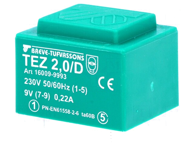 Transformator: ingegoten; 2VA; 230VAC; 9V; 222,2mA; PCB; IP00; TEZ Transformator: ingegoten; 2VA; 230VAC; 9V; 222,2mA; PCB; IP00; TEZ